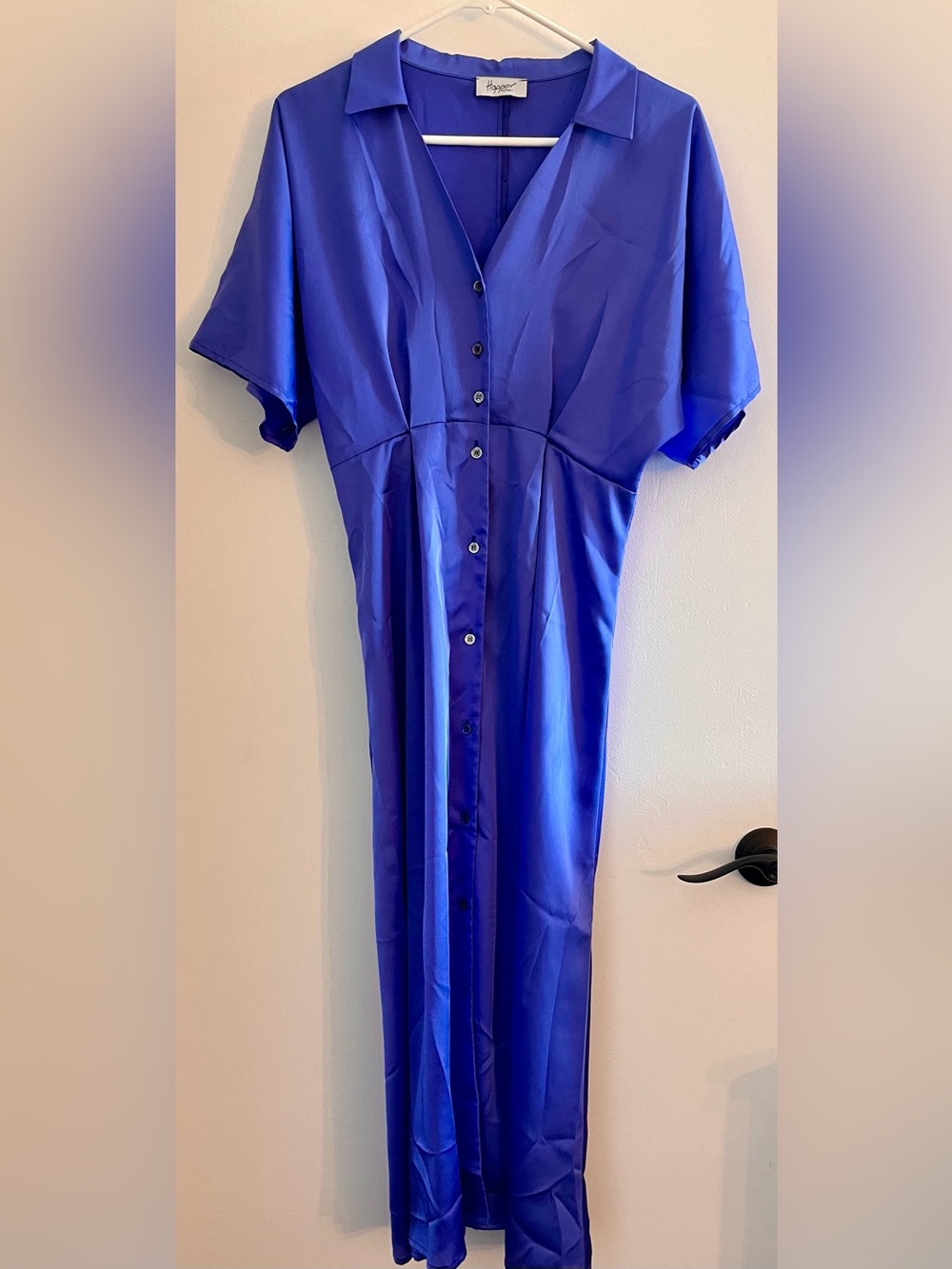 Colbalt royal blue satin button-down maxi dress